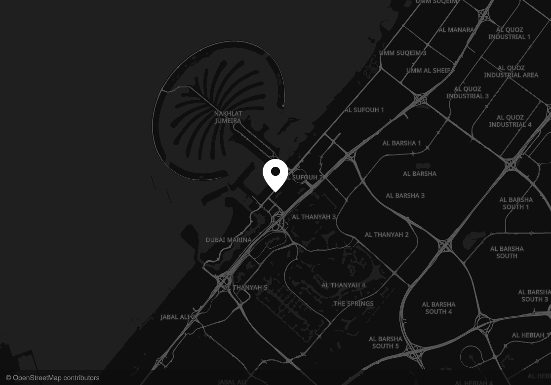 Street map centred on Dubai, UAE, with a pin marking the SPANDY office.